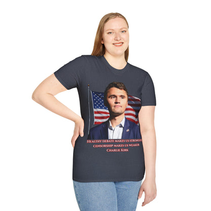 Charlie Kirk, Healthy Debate Dark colors Unisex T-Shirt by theGreenDragonTavern.shop