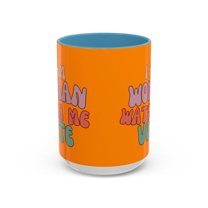 I Am Woman Watch Me Vote Orange Accent Mug by theGreenDragonTavern.shop