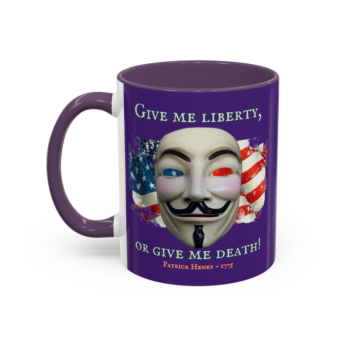 Vendetta, "Give me liberty, or give me death!" Purple Accent Mug by theGreenDragonTavern.shop