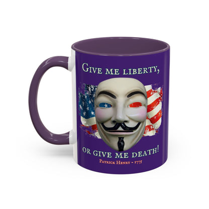 Vendetta, "Give me liberty, or give me death!" Purple Accent Mug by theGreenDragonTavern.shop
