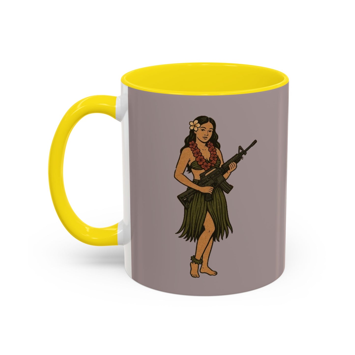 Hula Girl Packin' Heat Grey Accent Mug by theGreenDragonTavern.shop