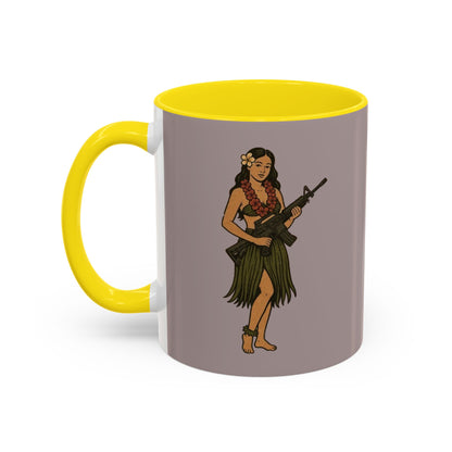 Hula Girl Packin' Heat Grey Accent Mug by theGreenDragonTavern.shop