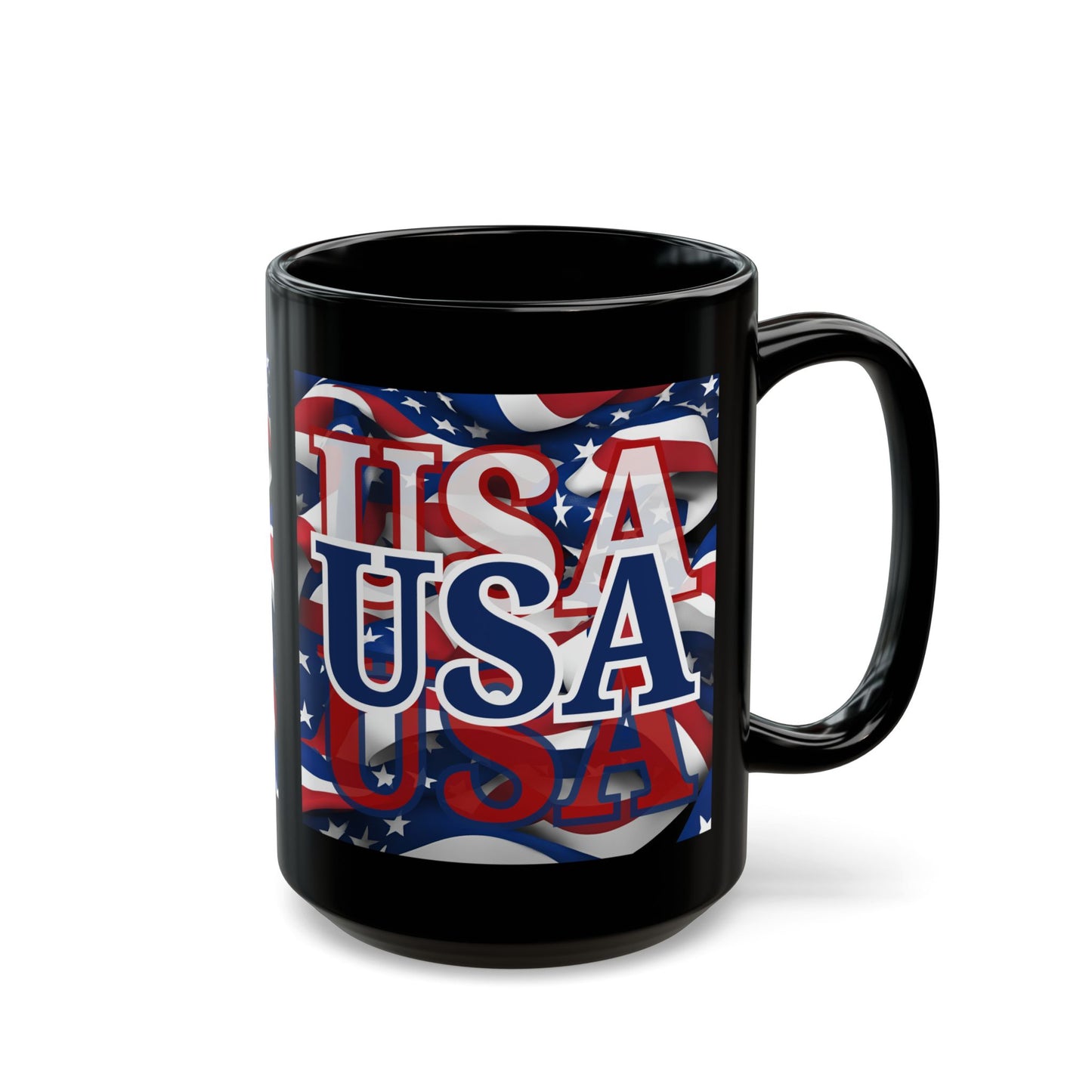 USA Blue font Center Patriot Black Mug by theGreenDragonTavern.shop