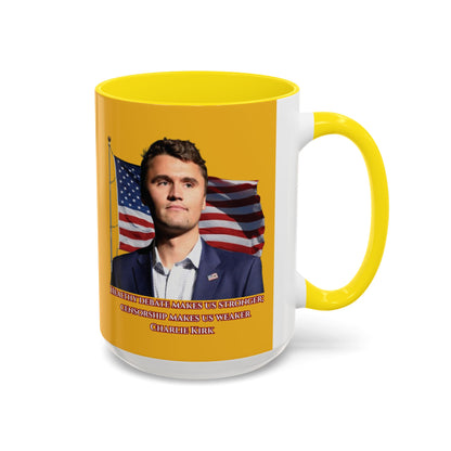 Charlie Kirk, Healthy Debate Yellow Accent Mug by theGreenDragonTavern.shop