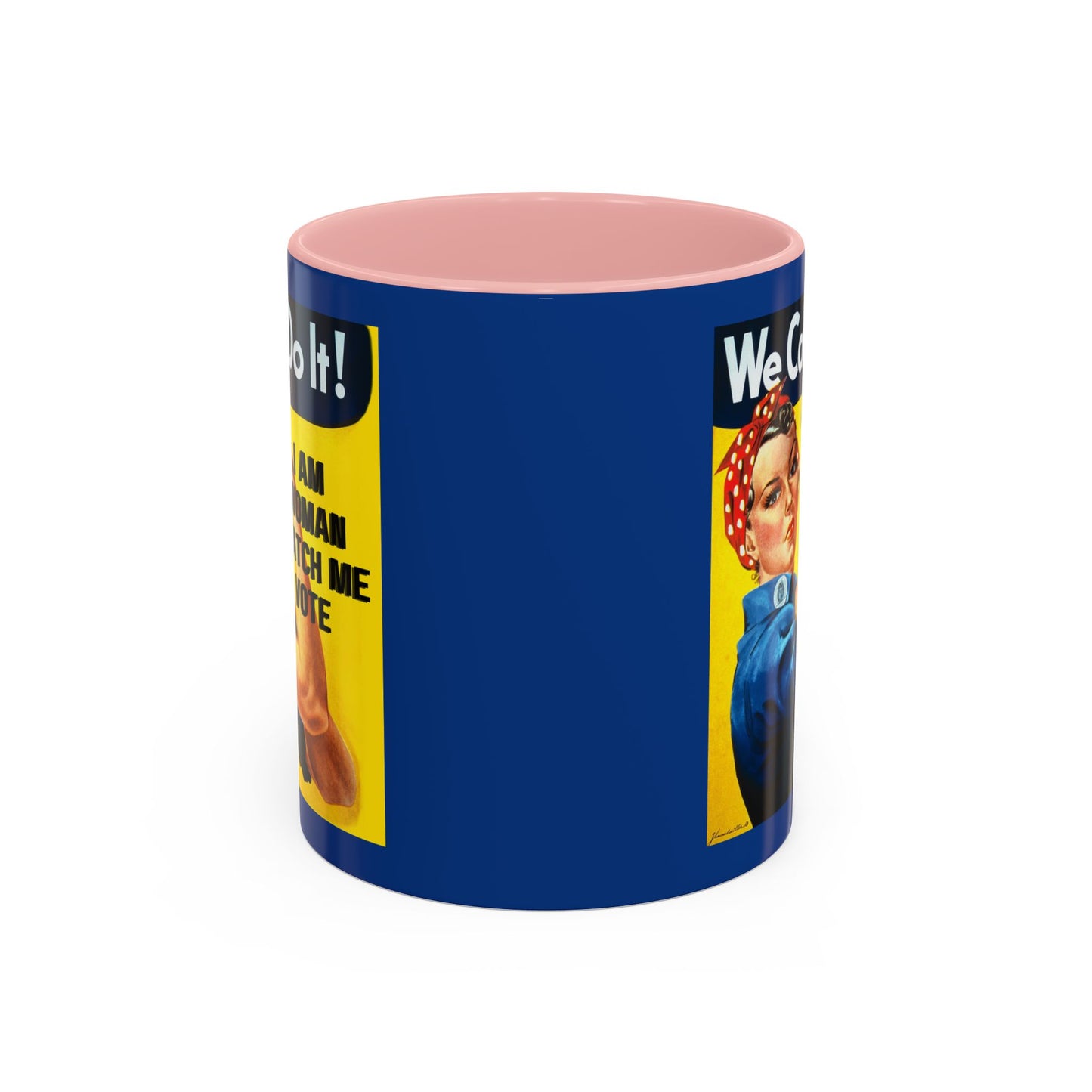I Am Woman Watch Me Vote Rosie Dark Blue Accent Mug by theGreenDragonTavern.shop