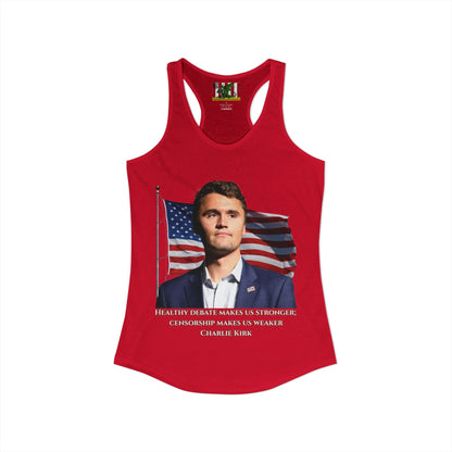 Charlie Kirk, Healthy Debate Women's Racerback Tank Top by theGreenDragonTavern.shop
