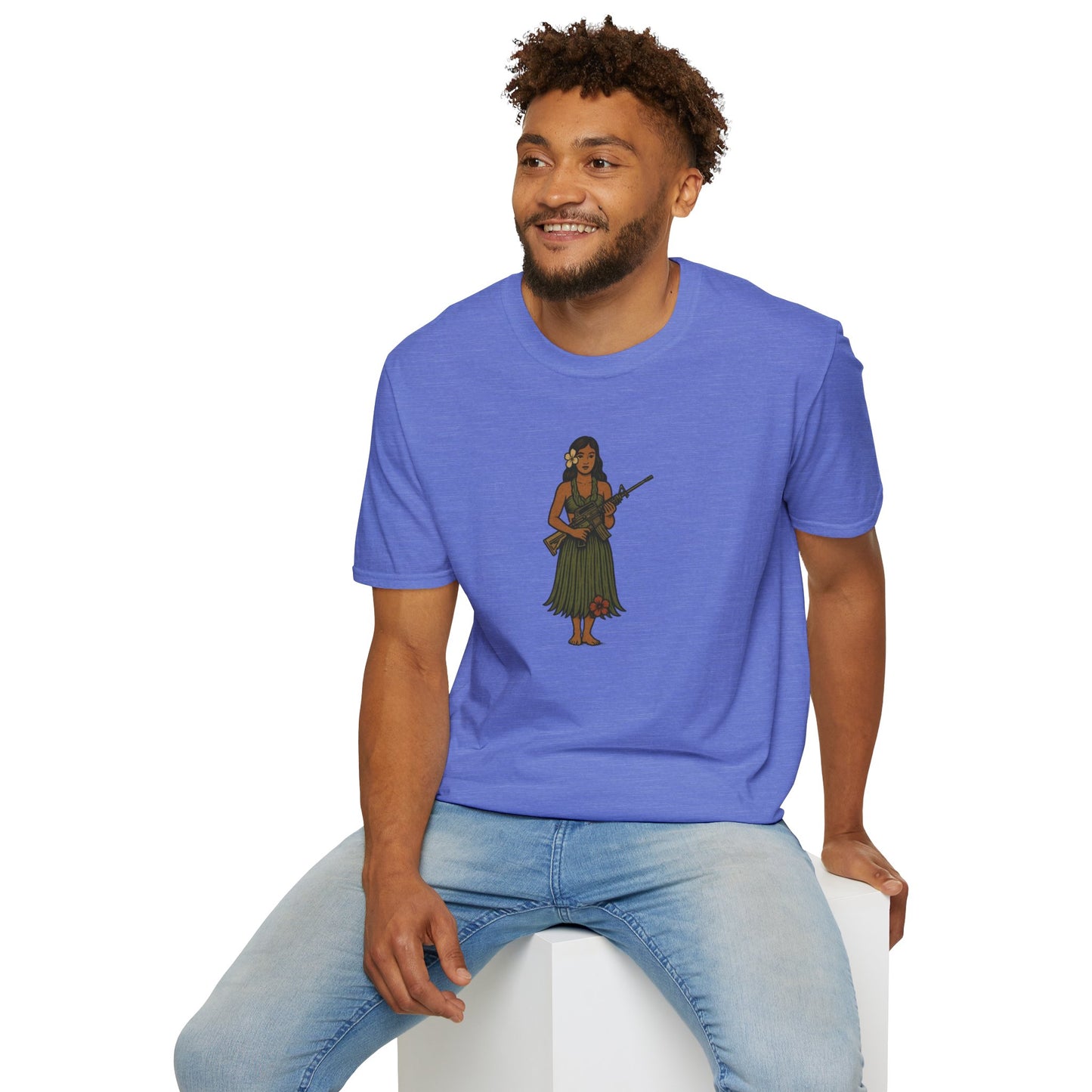 2-sided, Hula Girl Packin' Heat Light colors Unisex T-Shirt by theGreenDragonTavern.shop