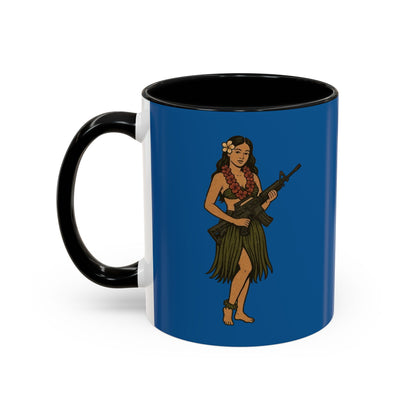 Hula Girl Packin' Heat Dark Blue Accent Mug by theGreenDragonTavern.shop
