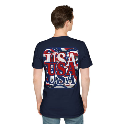 2-sided, RED White and Blue USA Patriot Dark colors Unisex T-Shirt by theGreenDragonTavern.shop