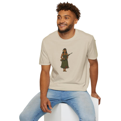 2-sided, Hula Girl Packin' Heat Light colors Unisex T-Shirt by theGreenDragonTavern.shop