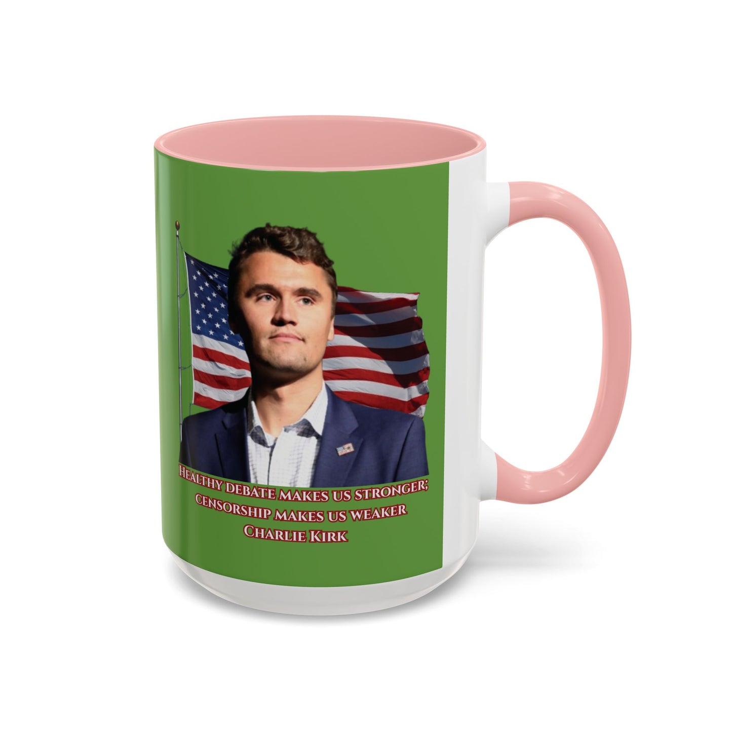 Charlie Kirk, Healthy Debate Green Accent Mug by theGreenDragonTavern.shop