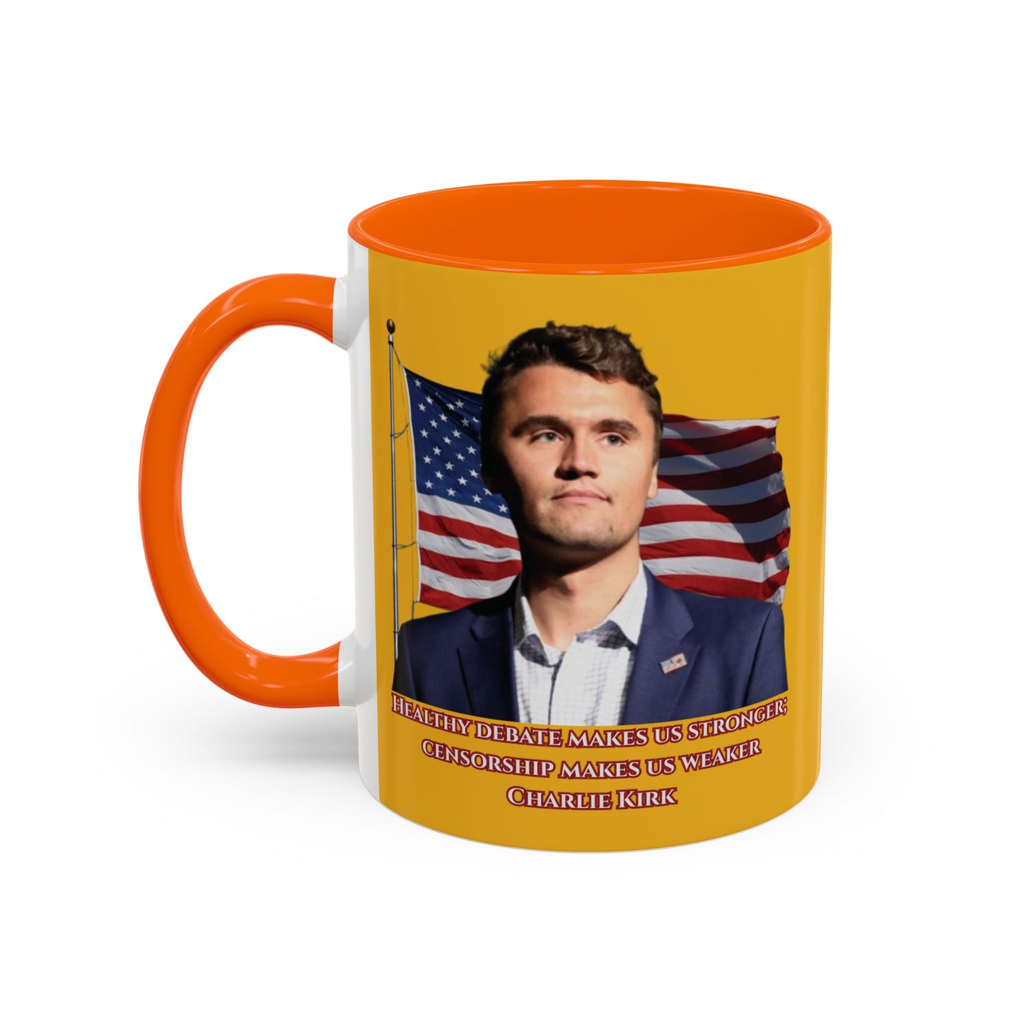Charlie Kirk, Healthy Debate Yellow Accent Mug by theGreenDragonTavern.shop
