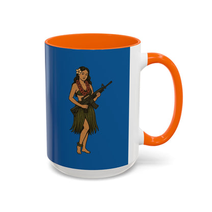 Hula Girl Packin' Heat Dark Blue Accent Mug by theGreenDragonTavern.shop