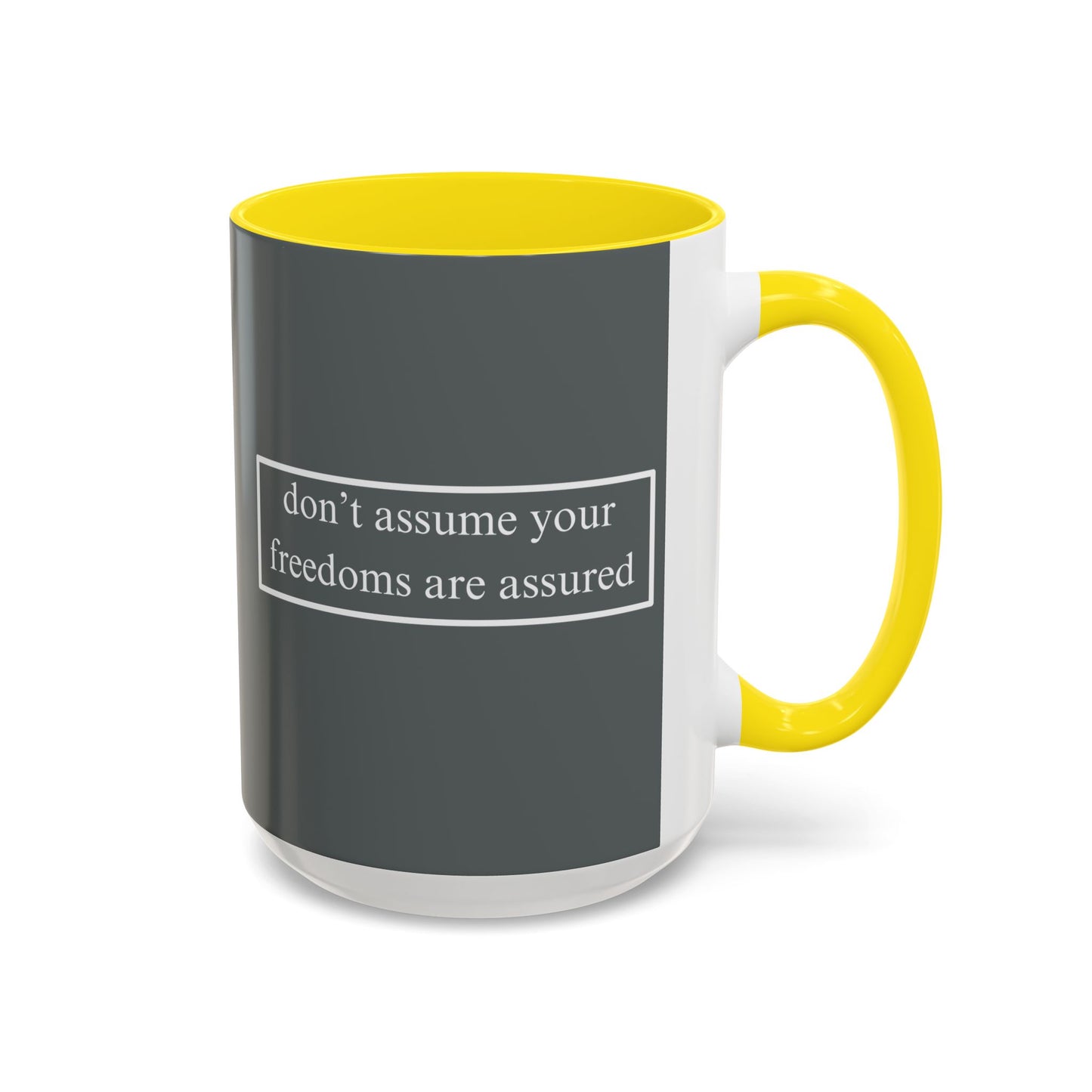 don't assume your freedoms are assured White font Grey Accent Mug by theGreenDragonTavern.shop