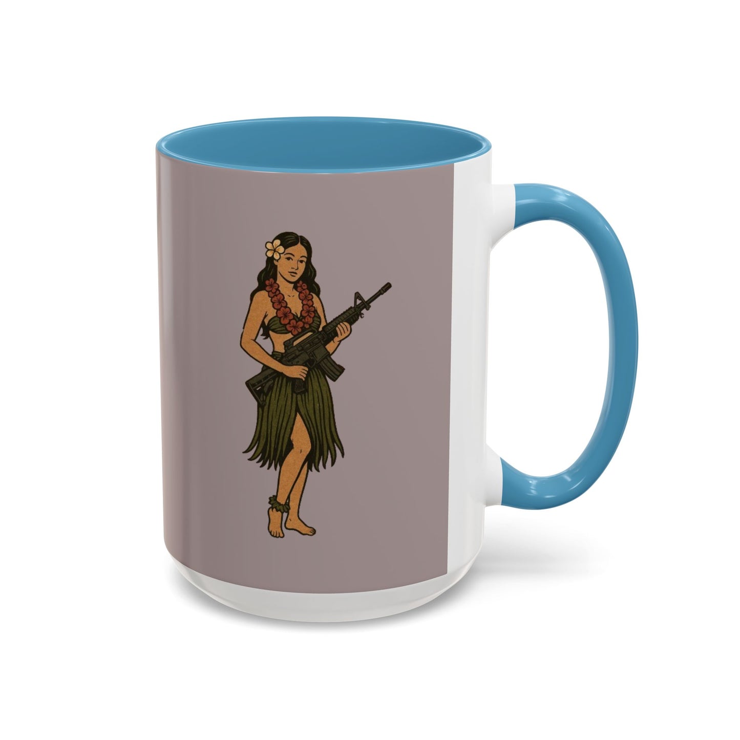 Hula Girl Packin' Heat Grey Accent Mug by theGreenDragonTavern.shop