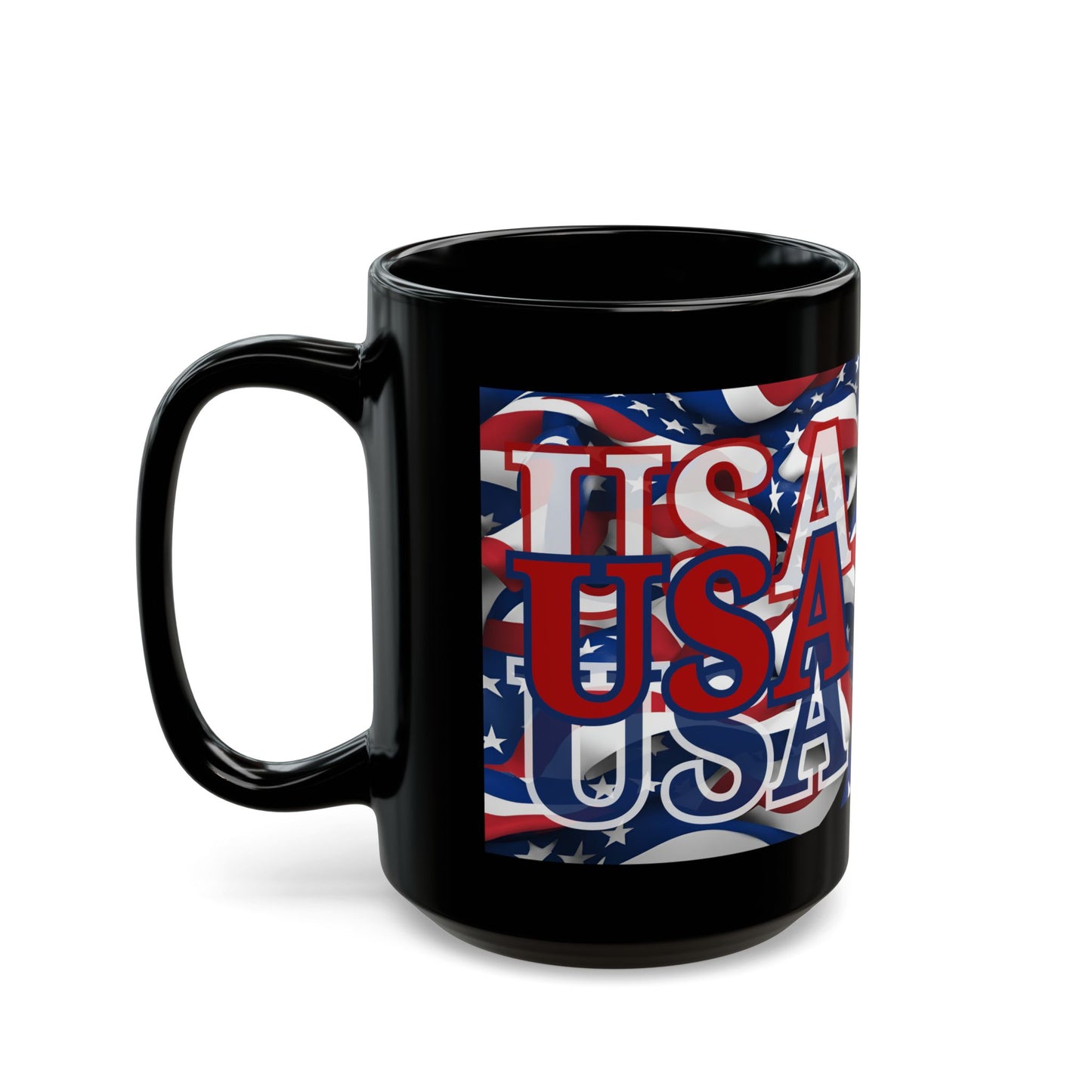 USA Red font Center Patriot Black Mug by theGreenDragonTavern.shop