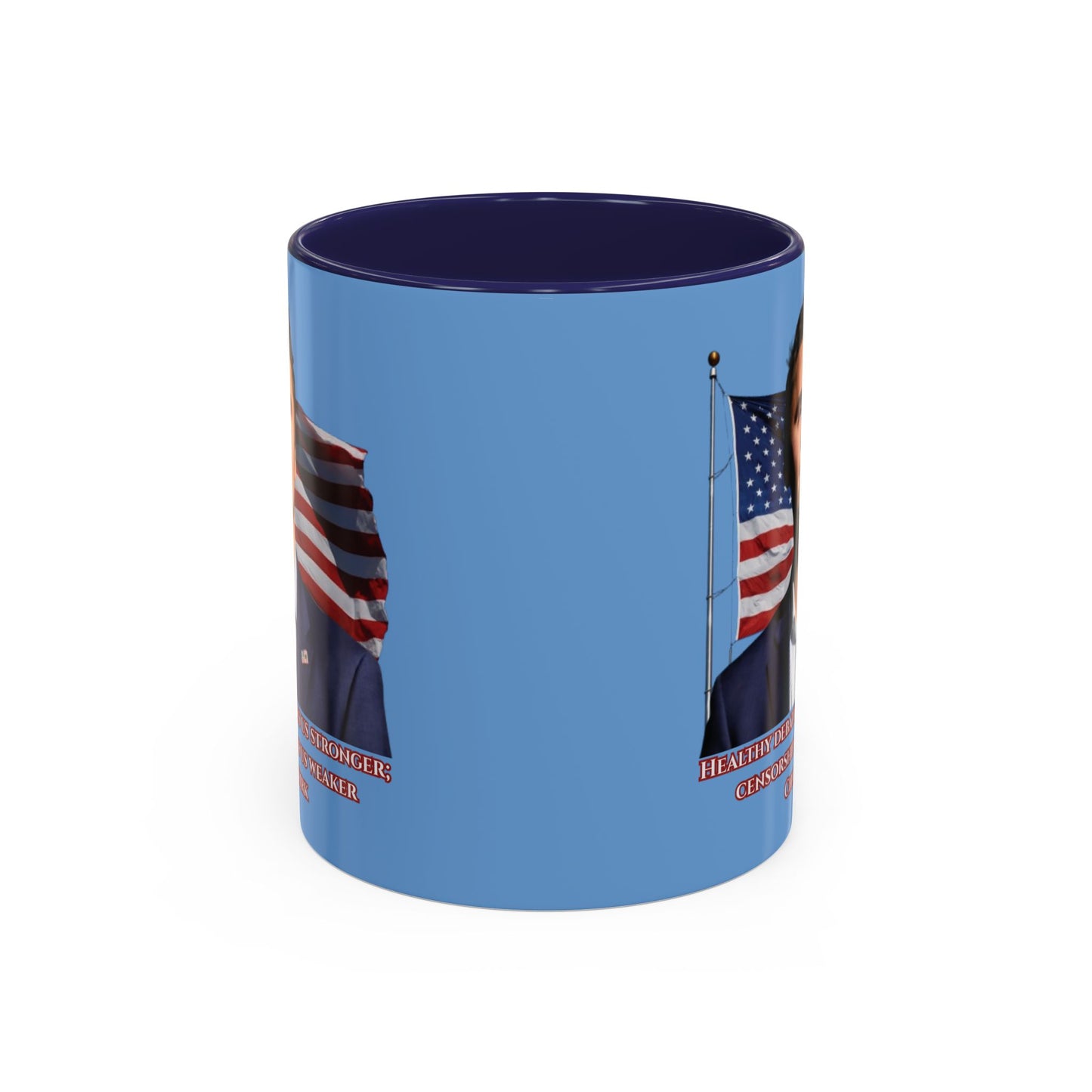 Charlie Kirk, Healthy Debate Light Blue Accent Mug by theGreenDragonTavern.shop
