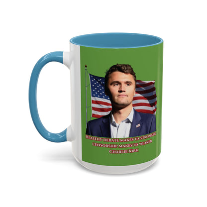 Charlie Kirk, Healthy Debate Green Accent Mug by theGreenDragonTavern.shop