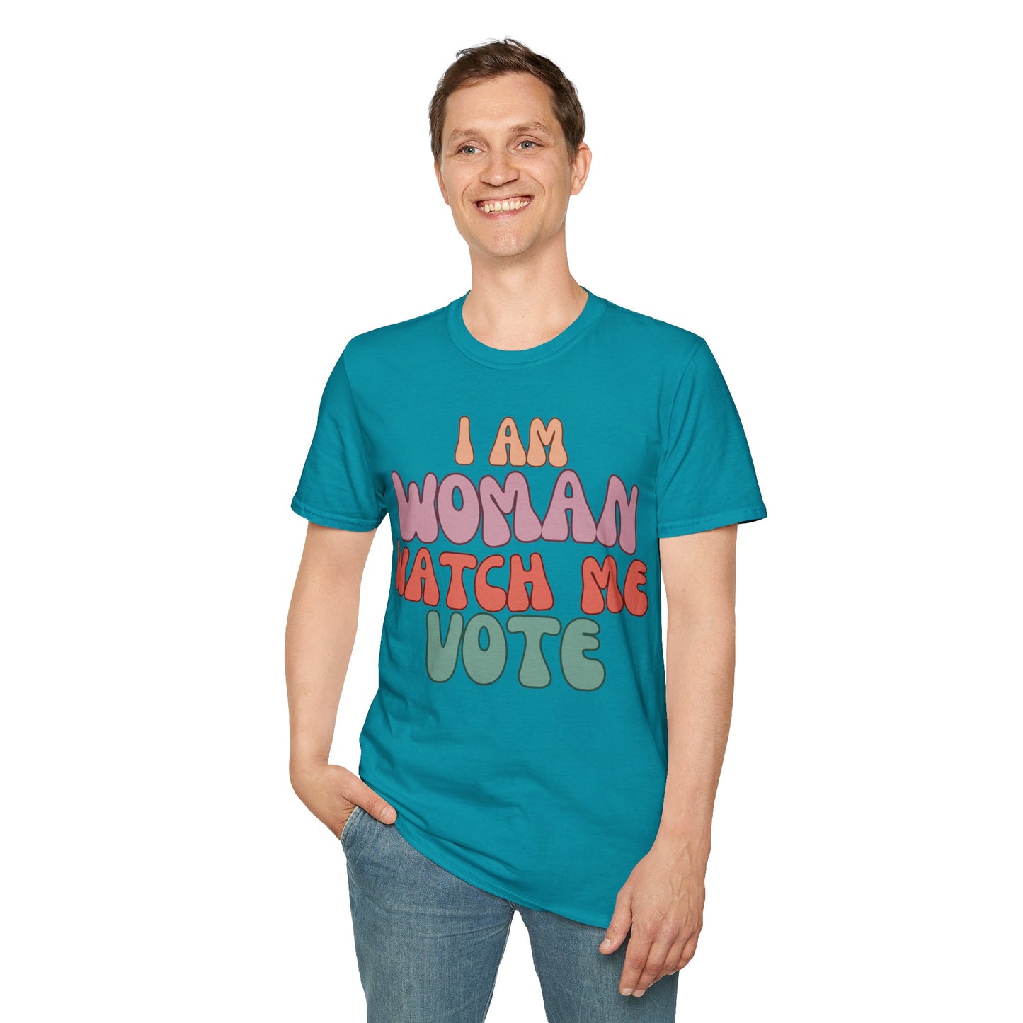 2-sided I Am Woman Watch Me Vote DKcolors Unisex T-Shirt by theGreenDragonTavern.shop