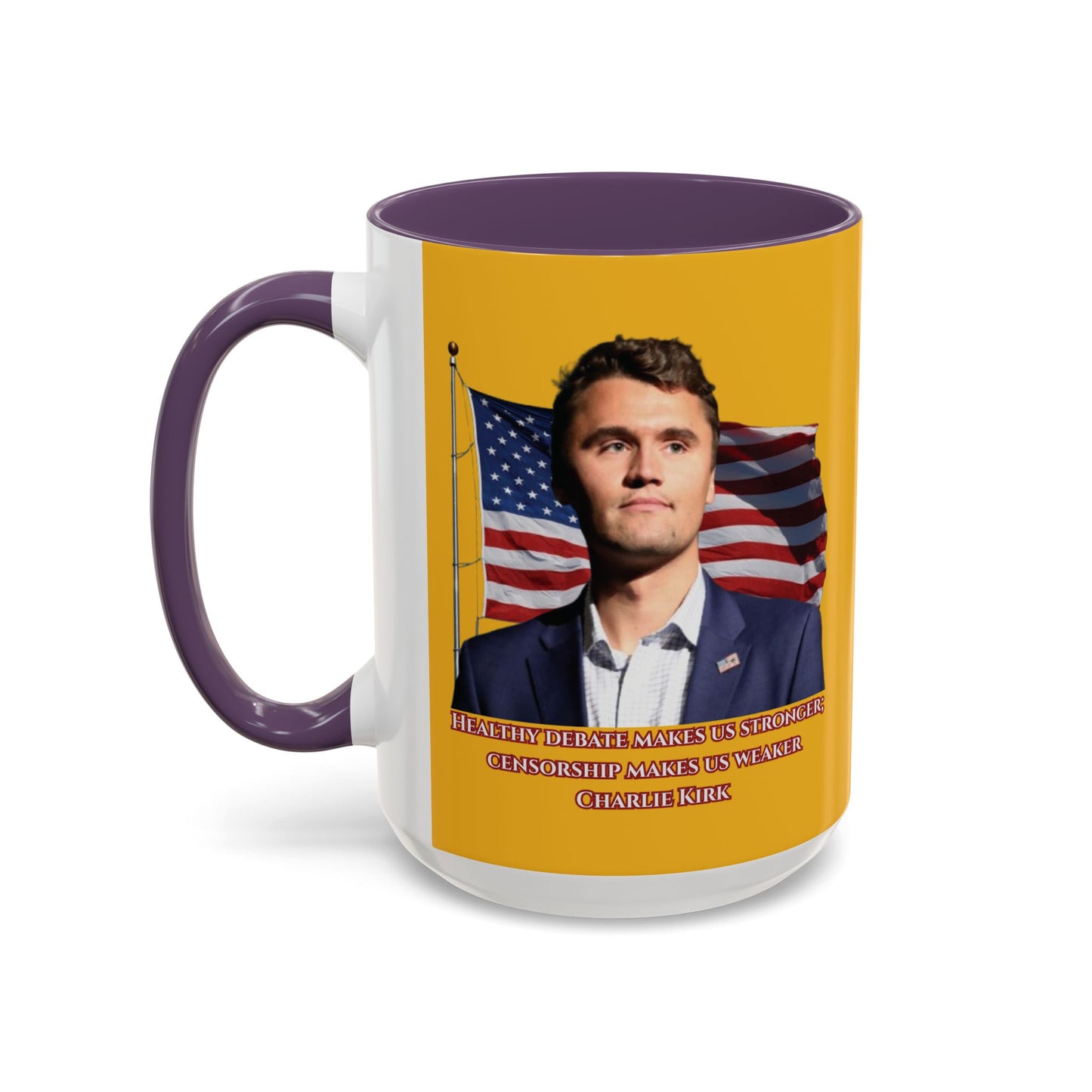 Charlie Kirk, Healthy Debate Yellow Accent Mug by theGreenDragonTavern.shop