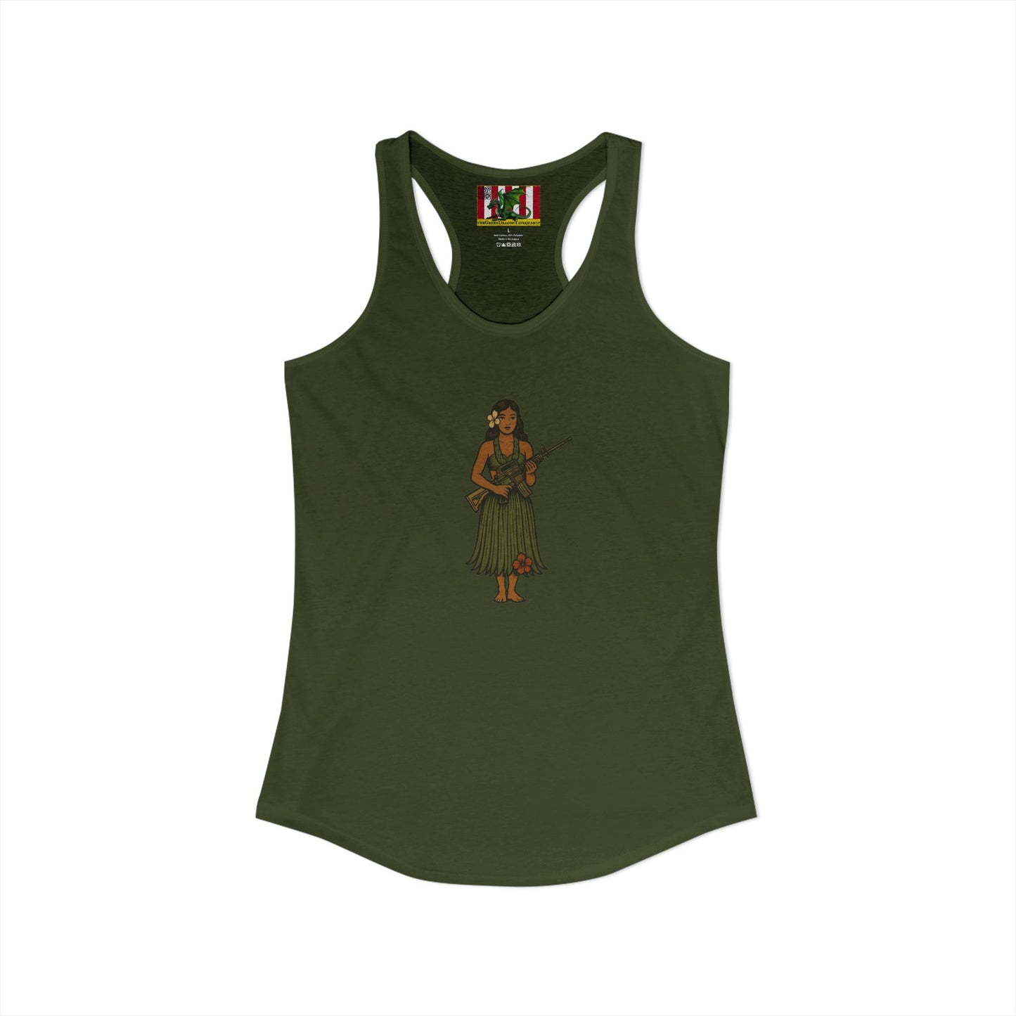 2-sided, Hula Girl Packin' Heat Women's Racerback Tank Top by theGreenDragonTavern.shop