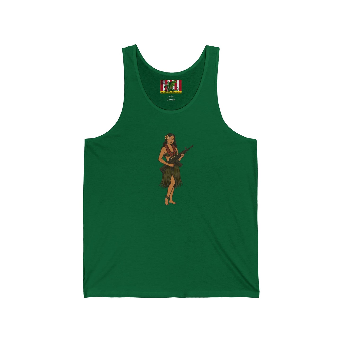 Hula Girl Packin' Heat Unisex Jersey Tank Top by theGreenDragonTavern.shop