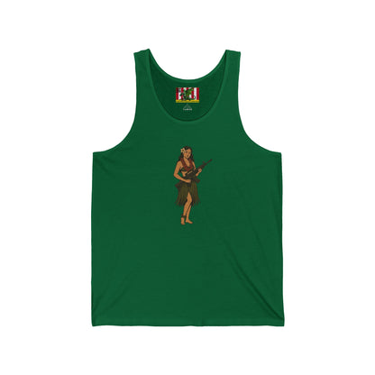 Hula Girl Packin' Heat Unisex Jersey Tank Top by theGreenDragonTavern.shop