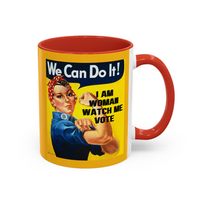 I Am Woman Watch Me Vote Rosie Yellow Accent Mug by theGreenDragonTavern.shop