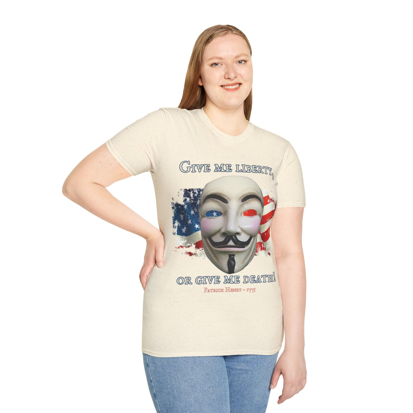 Vendetta, "Give me liberty, or give me death!" Light colors Unisex T-Shirt by theGreenDragonTavern.shop