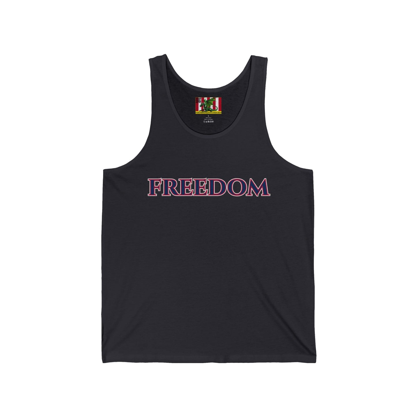 Freedom, Blue font Unisex Jersey Tank Top by theGreenDragonTavern.shop