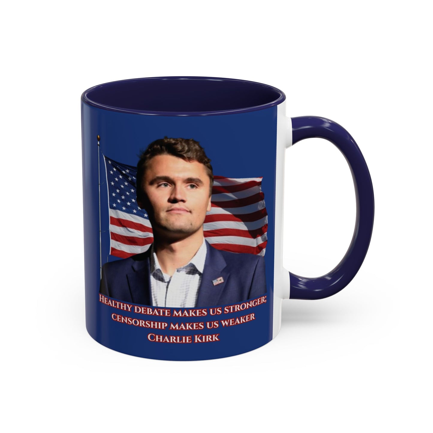 Charlie Kirk, Healthy Debate Blue Accent Mug by theGreenDragonTavern.shop
