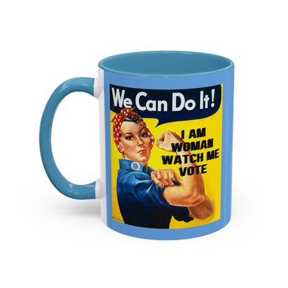 I Am Woman Watch Me Vote Rosie Light Blue Accent Mug by theGreenDragonTavern.shop