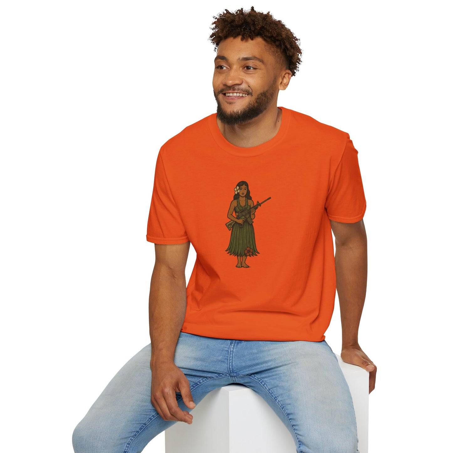 2-sided, Hula Girl Packin' Heat Light colors Unisex T-Shirt by theGreenDragonTavern.shop