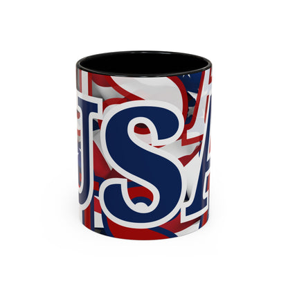 USA! USA! USA Blue font Patriot Blue Accent Mug by theGreenDragonTavern.shop