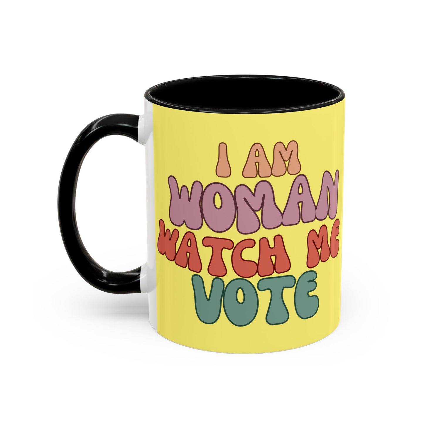 I Am Woman Watch Me Vote Yellow Accent Mug by theGreenDragonTavern.shop