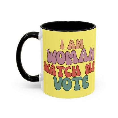 I Am Woman Watch Me Vote Yellow Accent Mug by theGreenDragonTavern.shop