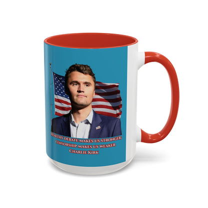 Charlie Kirk, Healthy Debate Turquoise Accent Mug by theGreenDragonTavern.shop