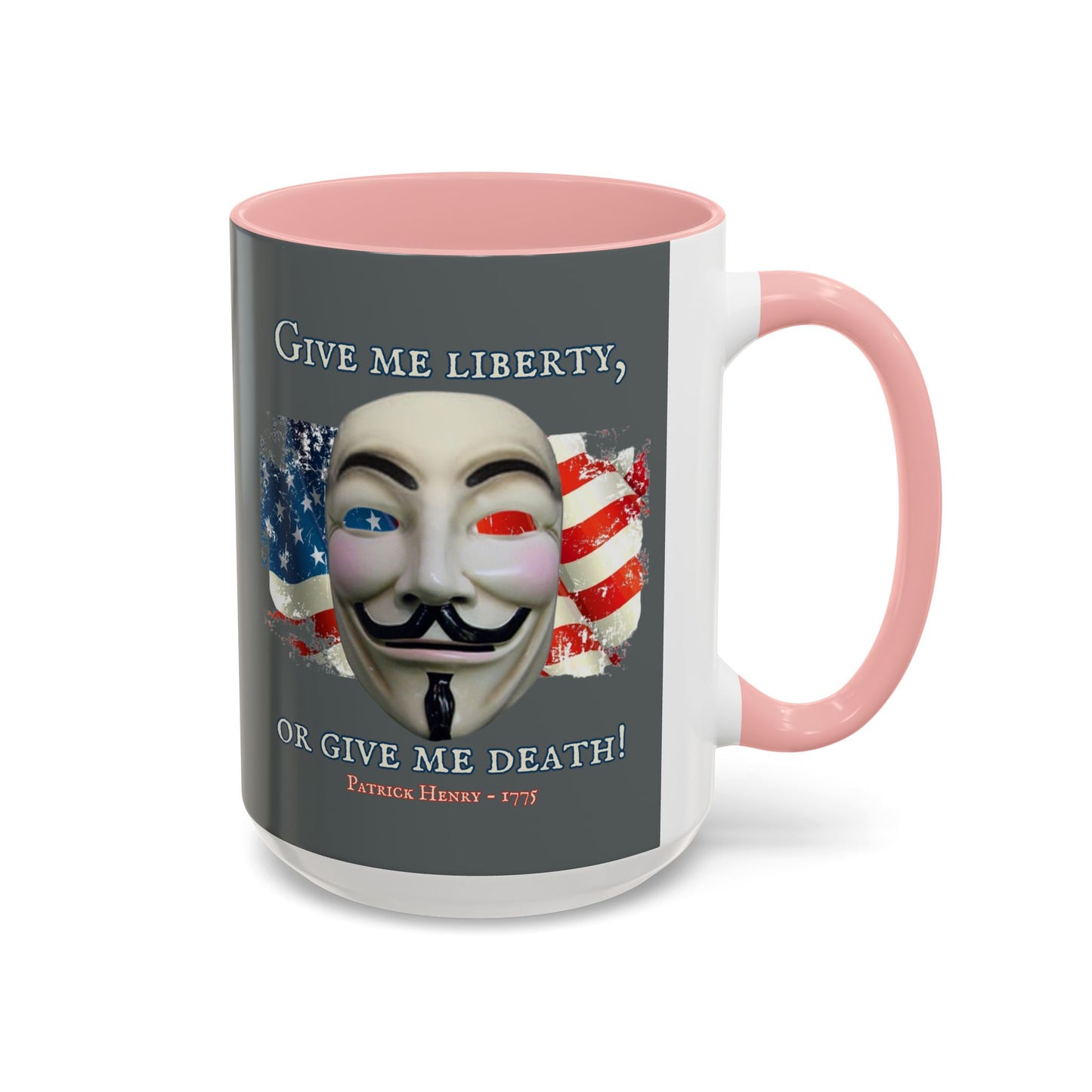 Vendetta, "Give me liberty, or give me death!" Grey Accent Mug by theGreenDragonTavern.shop