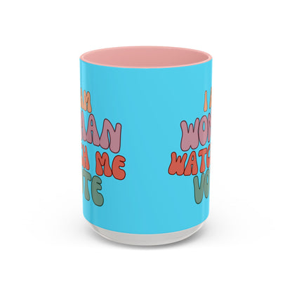 I Am Woman Watch Me Vote Light Blue Accent Mug by theGreenDragonTavern.shop