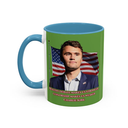 Charlie Kirk, Healthy Debate Green Accent Mug by theGreenDragonTavern.shop