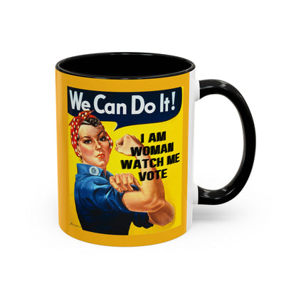 I Am Woman Watch Me Vote Rosie Yellow Accent Mug by theGreenDragonTavern.shop