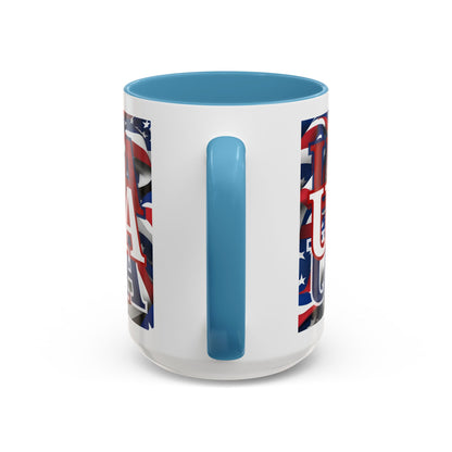 USA White font Center Patriot White Accent Mug by theGreenDragonTavern.shop