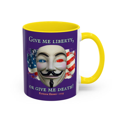 Vendetta, "Give me liberty, or give me death!" Purple Accent Mug by theGreenDragonTavern.shop