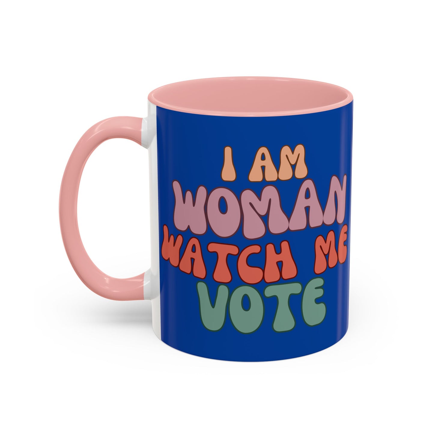 I Am Woman Watch Me Vote Dark Blue Accent Mug by theGreenDragonTavern.shop