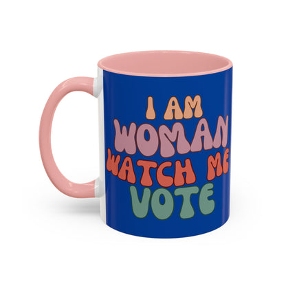 I Am Woman Watch Me Vote Dark Blue Accent Mug by theGreenDragonTavern.shop
