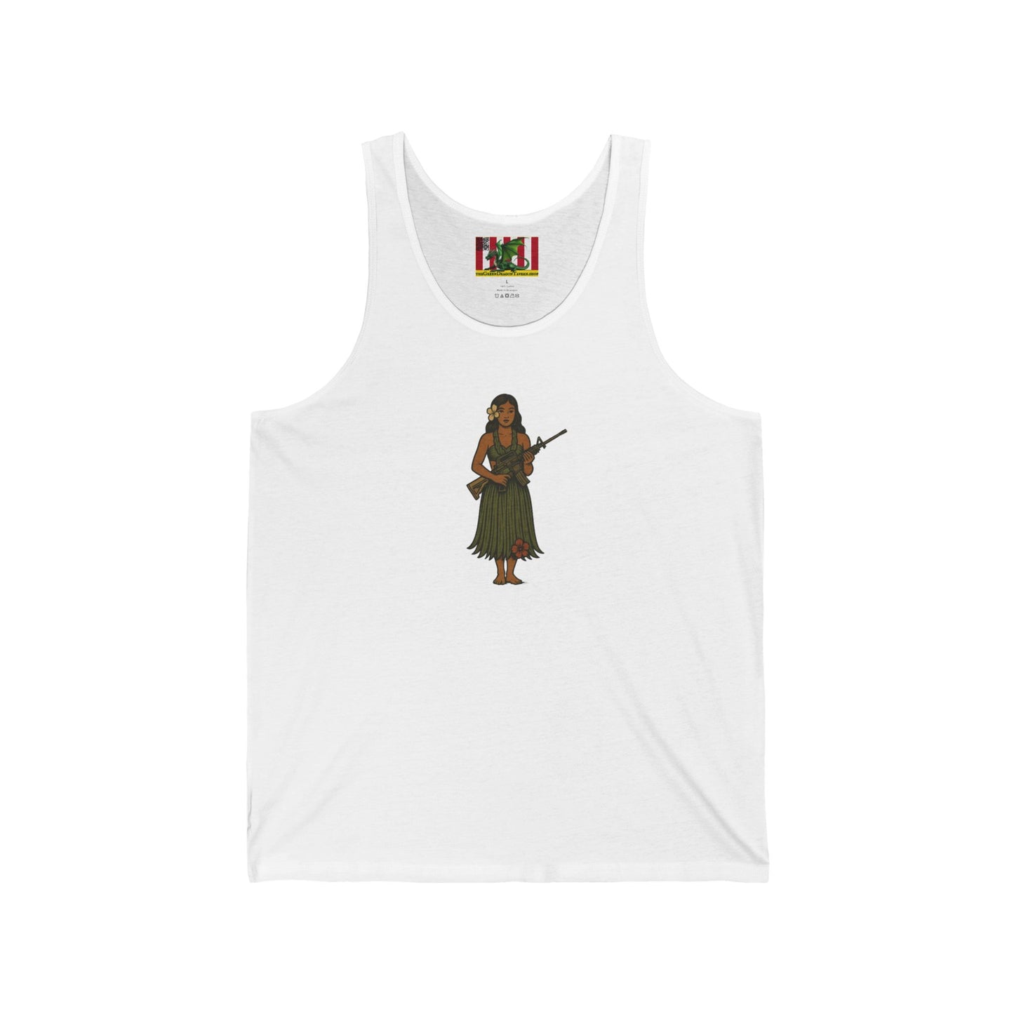 2-sided, Hula Girl Packin' Heat Unisex Jersey Tank Top by theGreenDragonTavern.shop