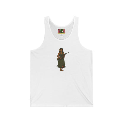 2-sided, Hula Girl Packin' Heat Unisex Jersey Tank Top by theGreenDragonTavern.shop
