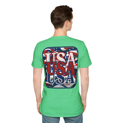 2-sided, RED White and Blue USA Patriot Dark colors Unisex T-Shirt by theGreenDragonTavern.shop
