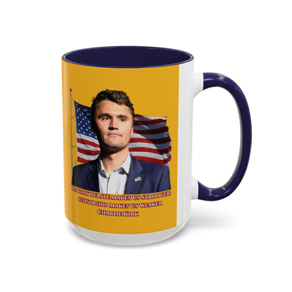 Charlie Kirk, Healthy Debate Yellow Accent Mug by theGreenDragonTavern.shop