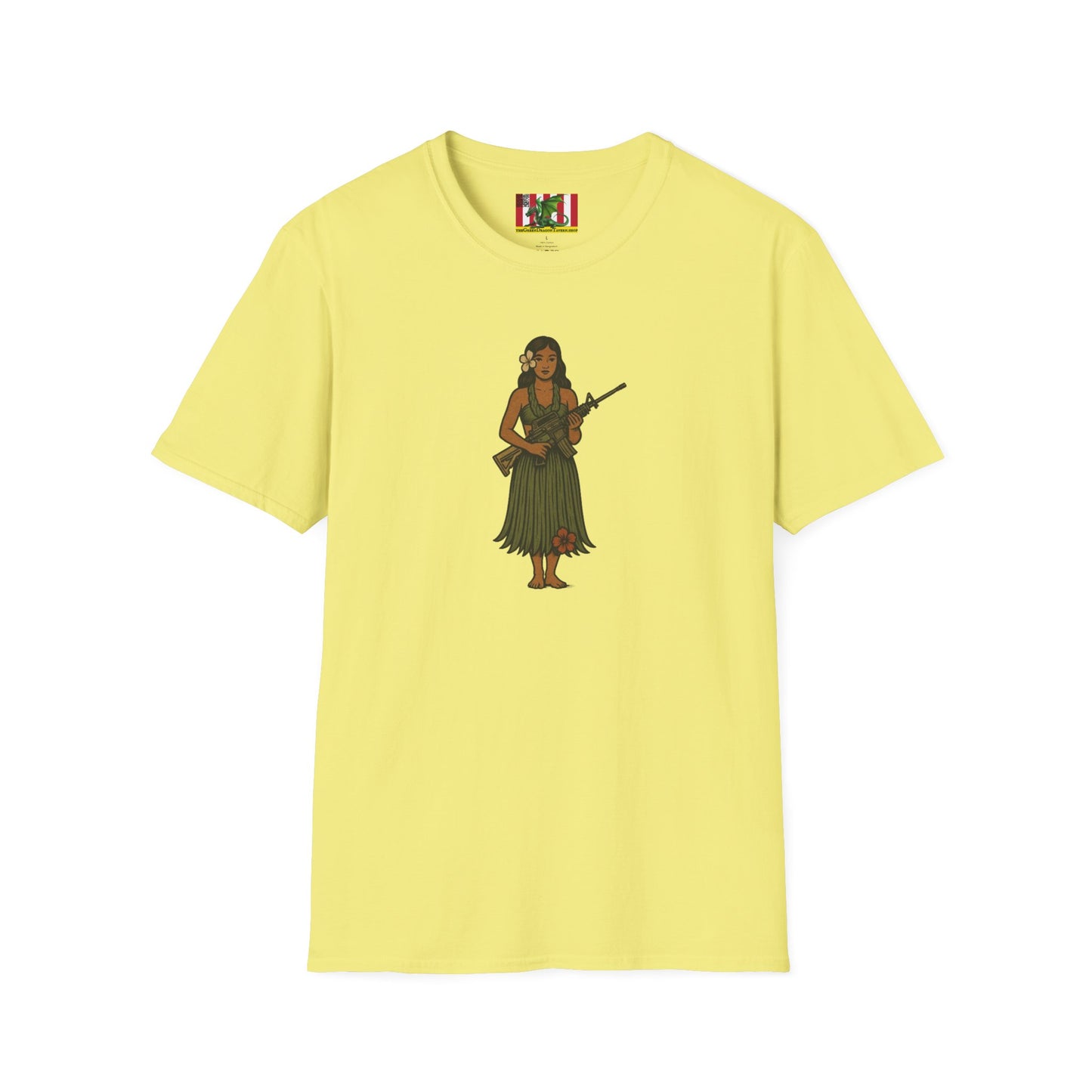 2-sided, Hula Girl Packin' Heat Light colors Unisex T-Shirt by theGreenDragonTavern.shop